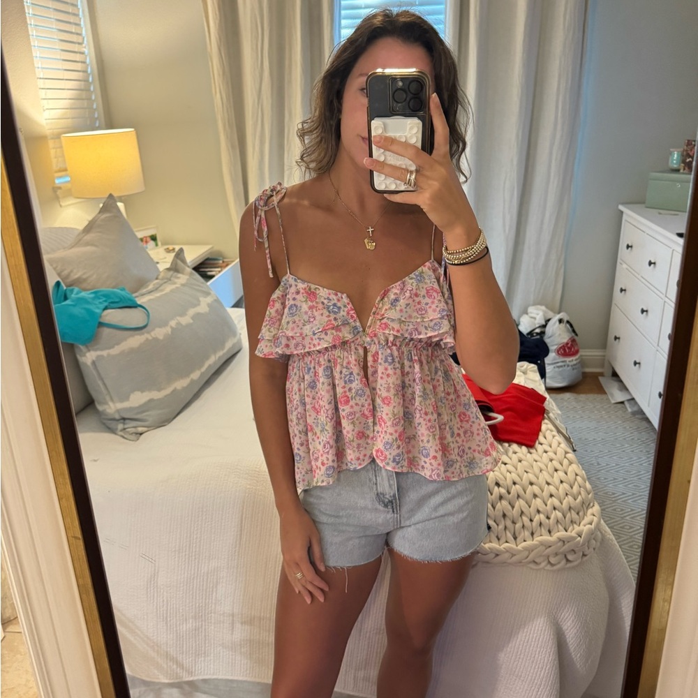 LPA Pink Floral Ruffle Blouse